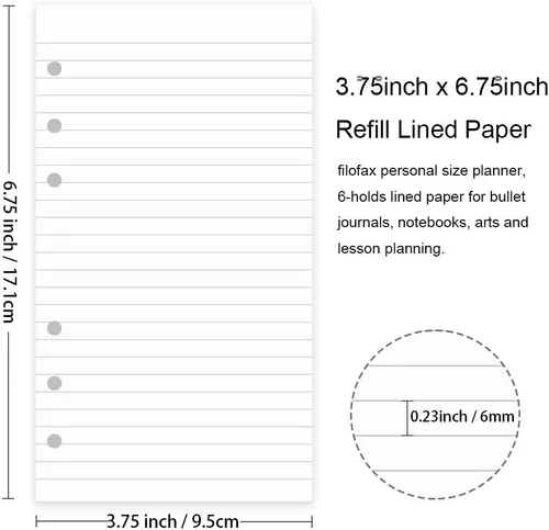 Miniatura 2 de Papel rayado A6 para planificador personal Filofax, páginas a rayas blancas de 3.53 oz/m², 6 agujeros perforados, 100 hojas/200 páginas, 3.75 x 6.75
