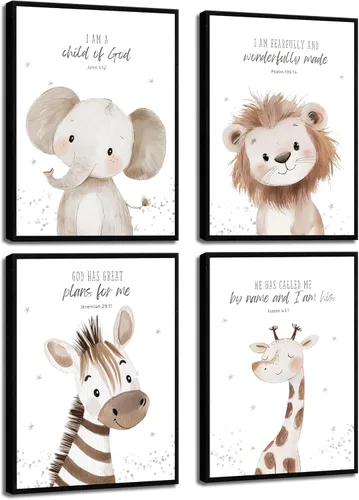 Miniatura 9 de 4 piezas de lienzo de animales con versículos bíblicos para guardería, arte de pared divertido y lindo de animales de safari, pintura cristiana