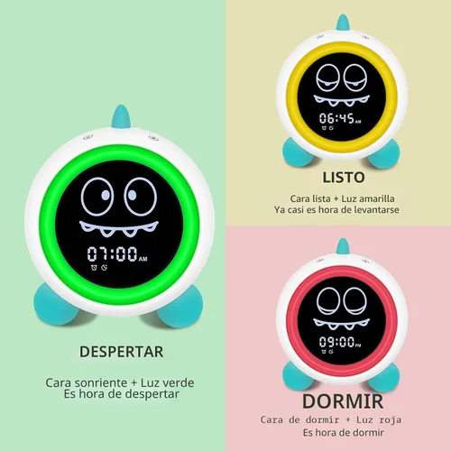 Miniatura 2 de Reloj despertador para niños, reloj de entrenamiento para dormir con luces nocturnas, máquina de sonido, reloj despertador de dinosaurio para niños