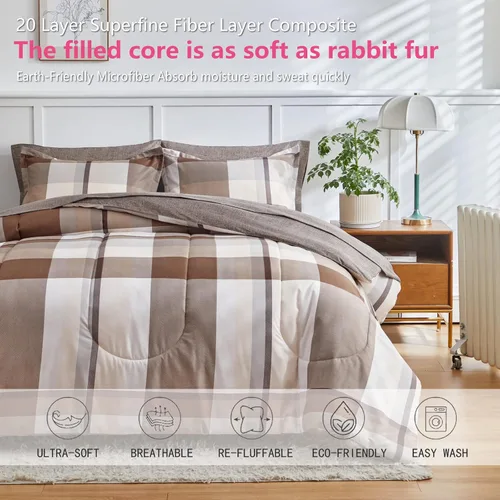 Miniatura 6 de AIKASY Bed in a Bag - Juego de edredón reversible de microfibra suave de 7 piezas tamaño Queen con diseño de cuadros marrones para todas