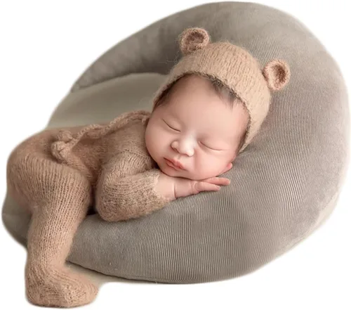 Miniatura 9 de Zeroest Conjunto de punto de ganchillo para sesión de fotos para niño recién nacido, gorro de oso con pies, mameluco con pies, para fotografía