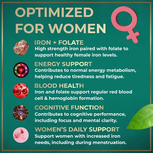 Miniatura 4 de Suplemento de hierro vegano para mujeres con ácido fólico, 35 mg de sulfato ferroso constructor de sangre, ácido fólico 400 mcg, pastillas de hierro