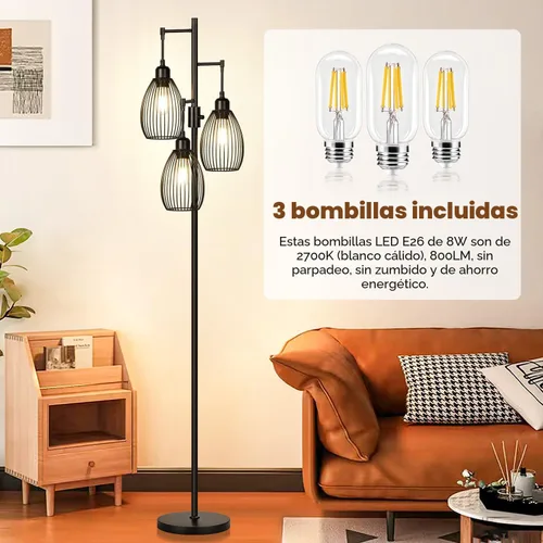 Miniatura 4 de Lámpara de pie regulable, 3 bombillas LED Edison de 800LM incluidas, lámpara de pie industrial de granja lámpara de árbol de pie con elegante jaula