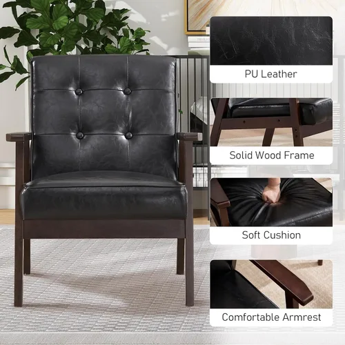 Miniatura 3 de Bonzy Home - Sillón de acento de cuero sintético estilo mitades de siglo moderno para sala de estar Silla con estructura de madera sólida y Negro