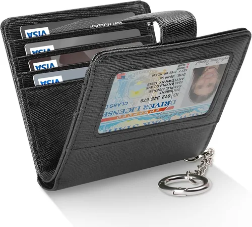 Miniatura 16 de FurArt Cartera plegable para mujer con 9 ranuras, bloqueo RFID, ventana de identificación, cartera compacta con llavero
