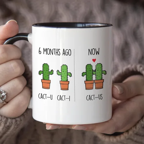 Miniatura 3 de YouNique Designs Taza de 6 meses, 11 onzas, Divertido 6 Taza de café de meses para novio y novia, Taza de aniversario de citas (mango negro)