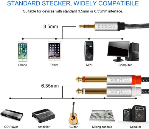 Miniatura 2 de DIGITNOW - Cable divisor en Y estéreo TRS de 3.5mm 1/8" a dual TS mono de 6.35mm 1/4" para smartphone, computadora, reproductor de CD, altavoces
