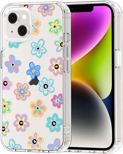 MOSNOVO Funda para iPhone 13/14, grado militar, probada en caídas de 6.6 pies, transparente con diseño de flores geniales Transparente - Groovy