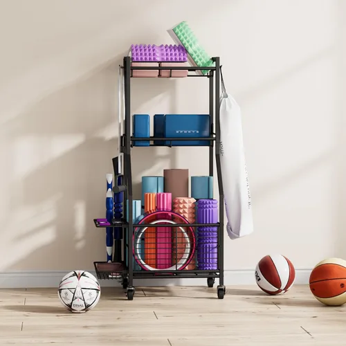 Miniatura 9 de Estante de Almacenamiento de Equipo Deportivo y Juguetes con Ruedas, Organizador de Pelotas de 3 Niveles para Pelotas, Raquetas y Equipo Deportivo