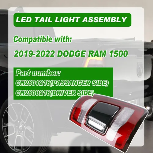 Miniatura 2 de Lochnchn Conjunto de Luces Traseras LED Sin Punto Ciego Compatible con Ram 1500 2019 2020 2021 2022 Lado Derecho del Pasajero Luces Traseras Luz