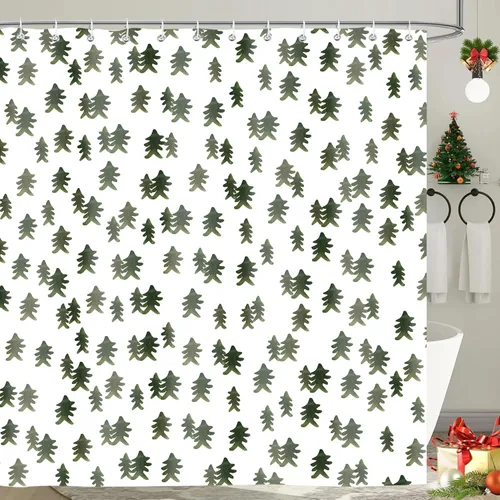 Miniatura 16 de Cortina de ducha de Feliz Navidad, trineo de Papá Noel, reno, copo de nieve, vacaciones, cuadros rojos y verdes, juego de cortinas de ducha
