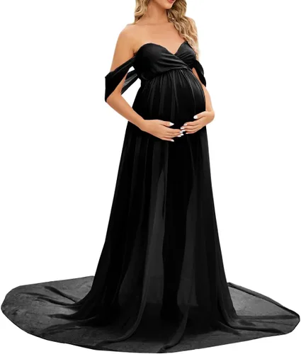 Miniatura 4 de ZIUMUDY Vestido largo de gasa de maternidad para sesión de fotos, fotografía, hombros descubiertos, vestido de gasa transparente