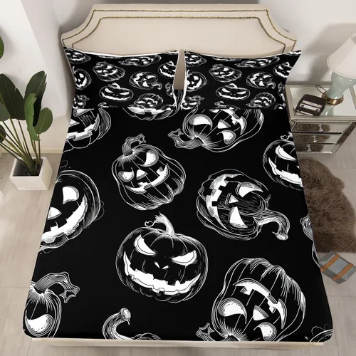 Miniatura 28 de Juego de ropa de cama de Halloween con patrón de sombras kawaii, sábana bajera tamaño queen, decoraciones de calabaza, luces de calabaza góticas