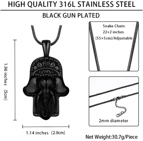Miniatura 3 de Hamsa - Collar de mano para hombre, acero inoxidable 316L, colgante de mano de Fátima, chapado en oro de 18 quilates, color negro y pistola, amuleto