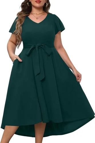 Miniatura 3 de Vestido largo semiformal para mujer, con mangas altas y bajas, con vuelo, para invitadas de boda, con bolsillos