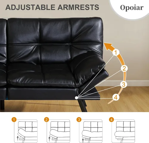 Miniatura 4 de Opoiar Sofá cama tipo futón de cuero negro convertible con espuma viscoelástica, juego de futón plegable y moderno para estudio, Drom, apartamento
