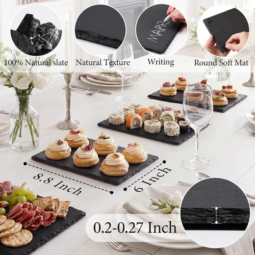 Miniatura 2 de Tablas de queso de pizarra, paquete de 6 tablas de charcutería de pizarra de 8.8 x 6 pulgadas, platos de corte de piedra, bandeja negra para sushi