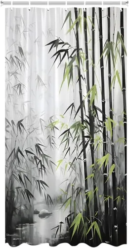 Cortina de ducha de bambú retro de bambú bosque verde hojas grises río, vintage, pintura de tinta asiática japonesa, tela de spa, cortinas de