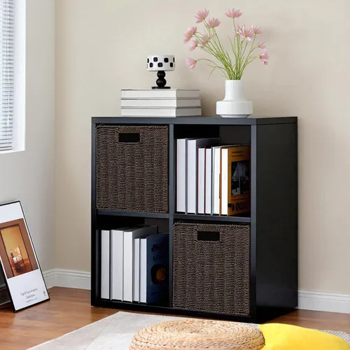 Miniatura 10 de Organizador de almacenamiento vertical de 2 cubos de metal, estantería corta negra con espalda abierta, estante de almacenamiento de cubo pequeño