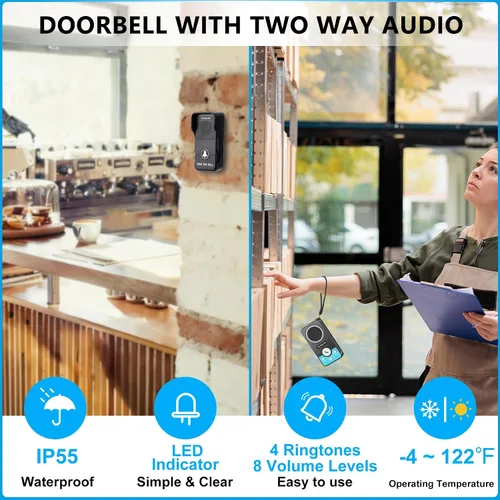 Miniatura 7 de Timbre inalámbrico con altavoz de audio de 2 vías, timbre de puerta de conversación natural manos libres, rango de 1300 pies, volumen de 8 niveles
