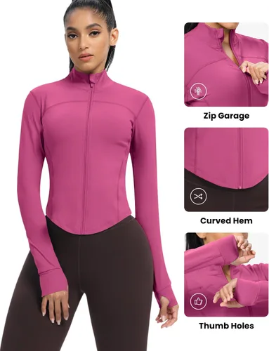 Miniatura 58 de AVGO Chaquetas de entrenamiento recortadas para mujer, con cremallera, ajustadas, atléticas, con agujeros para el pulgar