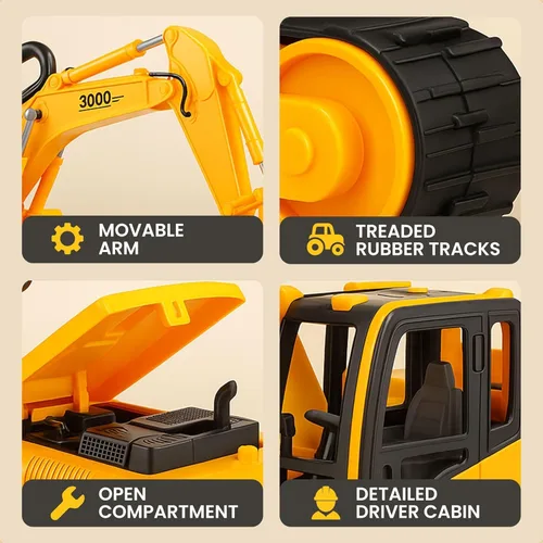 Miniatura 2 de Juguete de excavadora para construcción de tamaño extra grande con brazo pinza de pala, para niños