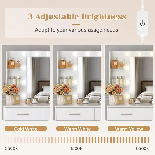 Miniatura 6 de YESHOMY Escritorio de maquillaje con espejo y luces, mesa de tocador con 5 cajones, 6 estantes, estación de carga para dormitorio, vestidor, blanco