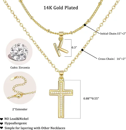 Miniatura 5 de Delicados collares de cruz para mujer, chapado en oro de 14 quilates, cadena en capas con dije de inicial, circonita cúbica, cruz de fe cristiana