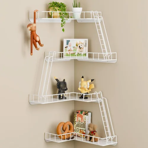Miniatura 10 de Estante de pared Fire Escape – Estantes de pared esquineros de 4 niveles de estilo urbano moderno, estante de escalera de metal fácil de instalar
