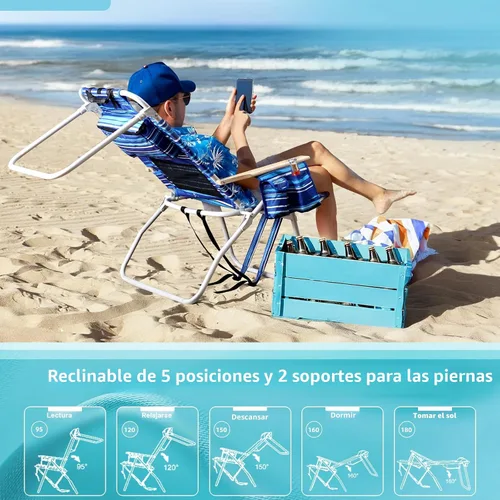Miniatura 5 de Sillas de playa altas para adultos, Silla de playa tipo mochila de 17" de alto con apoyabrazos de madera, Silla reclinable de 5 posiciones de alta