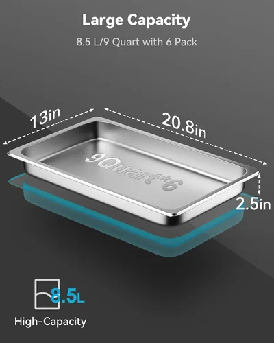 Miniatura 3 de ZeroPone Paquete de 6 Bandejas de Hotel de Tamaño Completo de 2.5" de Profundidad de Acero Inoxidable para Mesa de Vapor, 20.8" L x 12.8" A Calibre