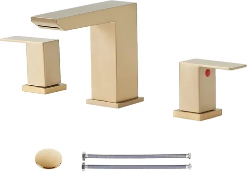 Miniatura 3 de Grifo de lavabo de baño de oro cepillado, grifo de baño de cascada de 3 agujeros, grifos de baño de tocador de 2 asas, grifo de baño moderno