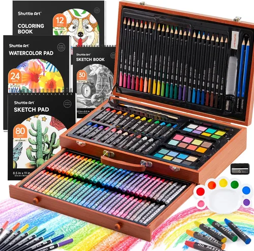 Shuttle Art - Juego de 149 piezas de arte de lujo, suministros de arte en estuche de madera, kit de dibujo y pintura con crayones, lápices de Marrón