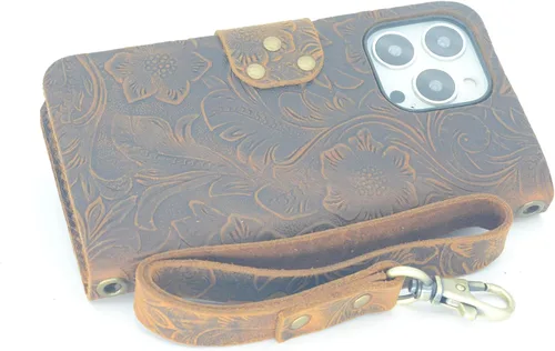JJNUSA Funda tipo cartera compatible con iPhone 13 Pro Max hecha a mano de piel auténtica envejecida con correa para la muñeca, color marrón