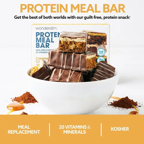 Miniatura 5 de Barra de proteínas WonderSlim para reemplazo de comida, Caramelo y Cacao, 15g de proteína, 20 vitaminas y minerales, sin gluten (7 unidades)