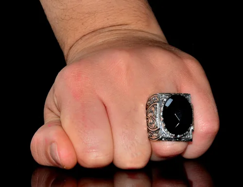 Miniatura 7 de 925 Sterling Silver Men's Ring with Natural Gemstone, Handmade Steel Pen Craft
