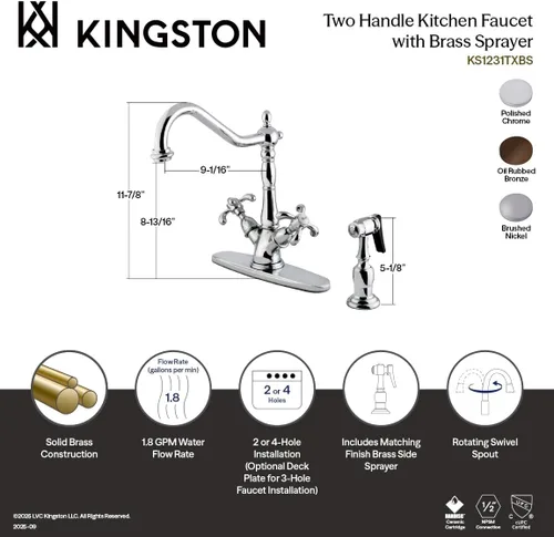 Miniatura 4 de Kingston Brass KS1238TXBS French Country - Grifo de cocina con rociador de latón, níquel cepillado