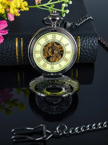 Miniatura 4 de BOSHIYA Mens Vintage Skeleton Pocket Watch Steampunk Windup Half Hunter Mechanism Gear Cover with Chain