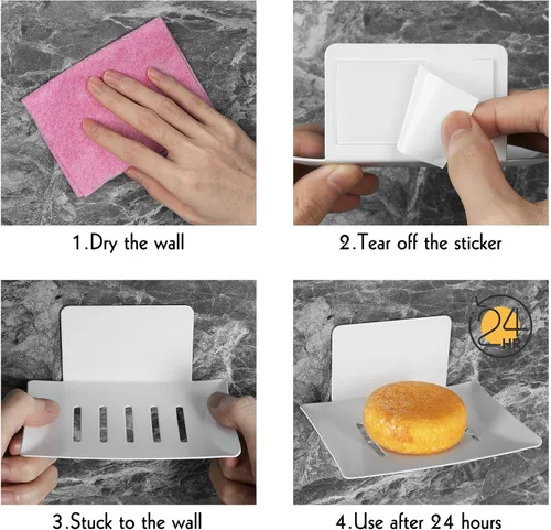 Miniatura 5 de Jaboneras para baño, soporte para jabón de barra con bandeja autodrenante, bandeja de jabón para pared de ducha, recipiente de jabón autoadhesivo