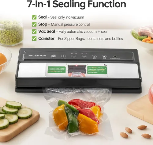 Miniatura 7 de GERYON Máquina selladora al vacío para alimentos secos y húmedos, funciona con bolsas de vacío reutilizables, diseño compacto con controles táctiles