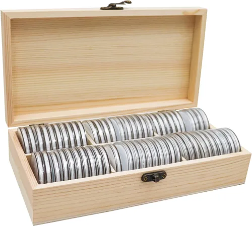 Miniatura 10 de Soporte para monedas de madera de 0.787-1.811 in, 120 cápsulas de monedas altamente transparentes con junta de espuma, soporte para coleccionista