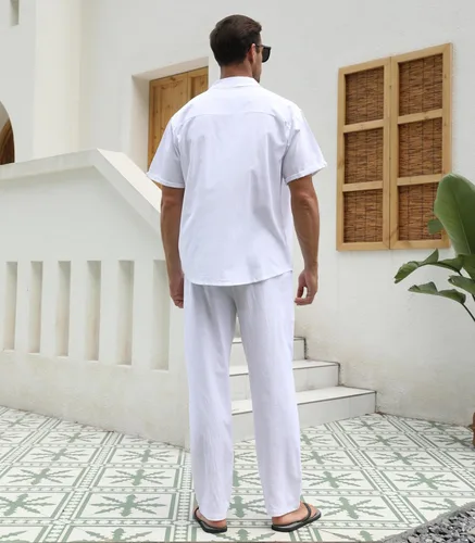 Miniatura 5 de RPOVIG Conjunto de camisa de lino y pantalones conjuntos de lino de 2 piezas para hombre, camisas de manga corta, pantalones de yoga, trajes