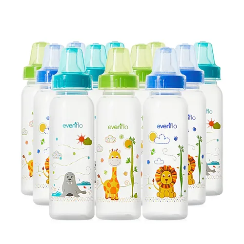 Botellas de polipropileno clásicas con estampados de Evenflo para bebé, niño y recién nacido - Azul/Verde/Cian, 8 onzas (paquete de 12)