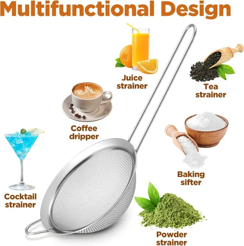 Miniatura 7 de 9 paquetes de colador de malla fina de acero inoxidable, colador pequeño para cóctel y té con asa para café, jugo, azúcar en polvo, 8.8 x 3.9