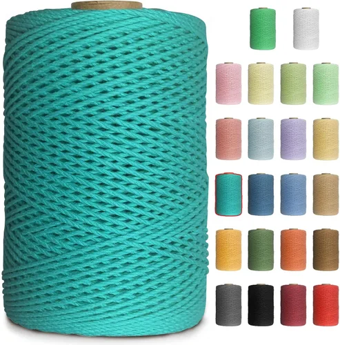 Miniatura 22 de Cuerda de macramé de colores de 0.039 in, cuerda de algodón de 656 pies, 3 hebras trenzadas, cuerda de algodón colorido para manualidades, Amarillo
