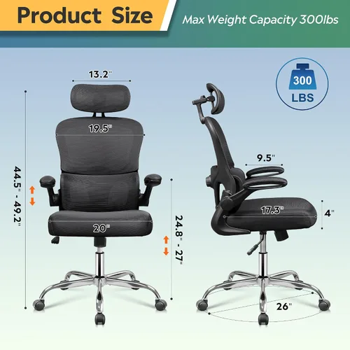 Miniatura 3 de DEVAISE Silla de escritorio ergonómica de malla, soporte lumbar ajustable separado, cojín grande, reposabrazos abatibles, inclinación oscilante