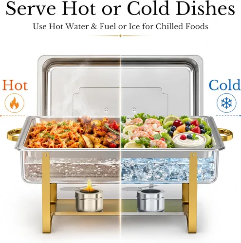 Miniatura 5 de Frizoky Platos rectangulares para bufé, 4 unidades, calentadores de alimentos de acero inoxidable dorado y plateado de 9 cuartos con tapas y 4