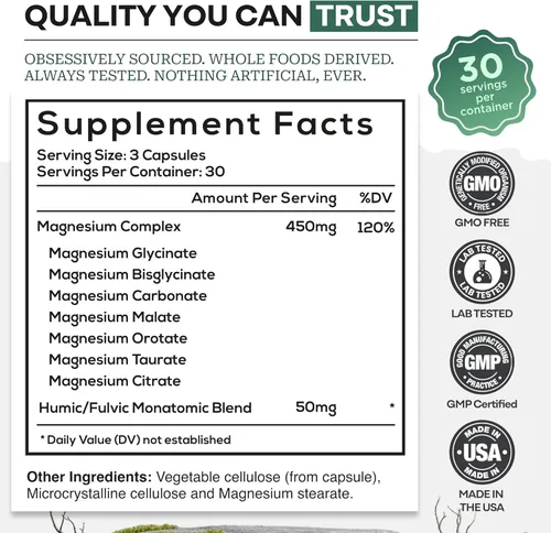 Miniatura 5 de Wild Foods Suplemento complejo de magnesio con formas 7X Alta absorción, espectro completo, fácil digestión 500 mg de glicinato, bisglicinato