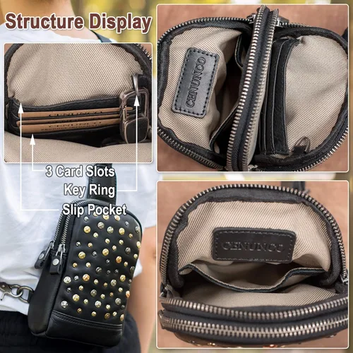 Miniatura 4 de CENUNCO Bolso bandolera de cuero genuino para mujer, bolso cruzado de cuero pequeño para teléfono, estilo remache, estilo remache, bolso negro