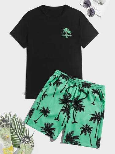 Miniatura 88 de GORGLITTER Conjunto de 2 piezas de camiseta gráfica de manga corta para hombre, estampado hawaiano con cordón y pantalones cortos